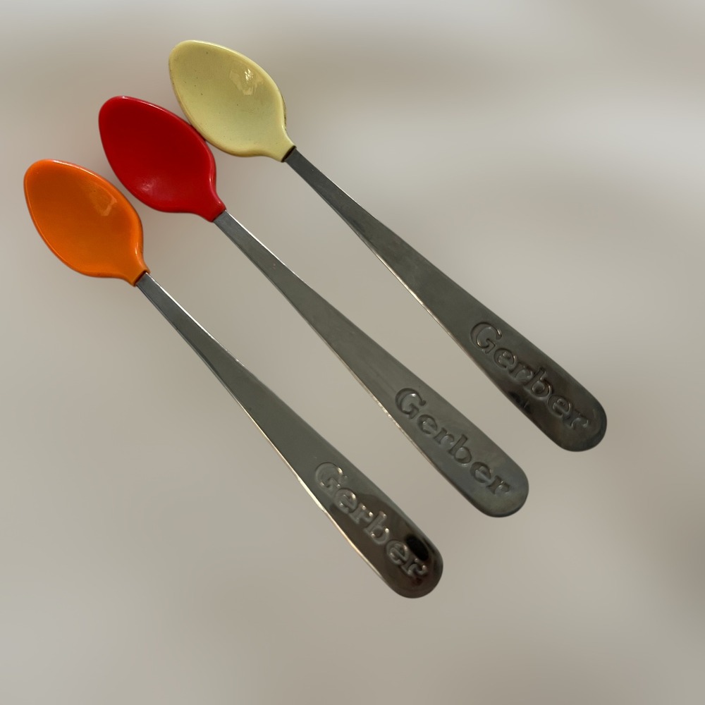 VTG Gerber‎ Baby Toddler Spoon Set 3 Orange Red Yellow Metal Flatware COATED TIP